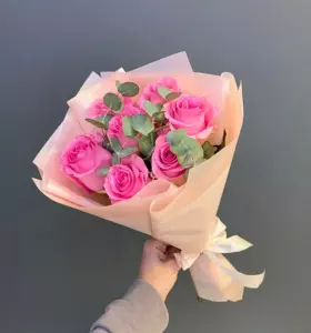 Photo of bouquet "Bouquet Seven Pink Roses Eucalyptus Paper Wrapping “Blush Whisper” Ayia Napa" — Flower delivery in Ayia Napa, photo 1 of 1