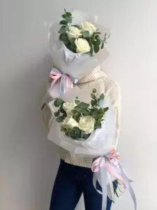 Photo of bouquet "Bouquet Three White Roses Eucalyptus Paper Wrapping “Silent Veil” Ayia Napa" — Flower delivery in Ayia Napa, photo 1 of 1