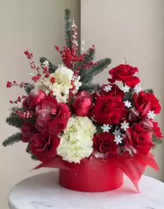 Photo of bouquet "Bouquet 13 Red French Roses White Hydrangeas “Crimson Whisper” Ayia Napa" — Flower delivery in Ayia Napa, photo 1 of 1