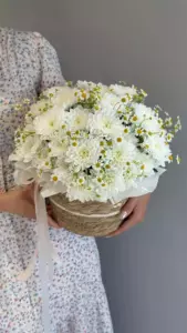 Photo of bouquet "Arrangement Chrysanthemums 21 Daisies 19 in Basket “Desert Bloom” Ayia Napa" — Flower delivery in Ayia Napa, photo 1 of 1