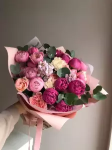 Photo of bouquet "Arrangement 13 Peonies 6 Pink Peony Roses 3 Delphiniums “Blush Reverie” Ayia Napa" — Flower delivery in Ayia Napa, photo 1 of 1