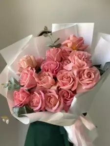 Photo of bouquet "Bouquet 17 Pink Roses Paper Wrapping Greenery “Blush Whisper” Ayia Napa" — Flower delivery in Ayia Napa, photo 1 of 1