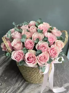 Photo of bouquet "Bouquet 29 Pink Roses Basket Eucalyptus “Blush Whisper” Ayia Napa" — Flower delivery in Ayia Napa, photo 1 of 1