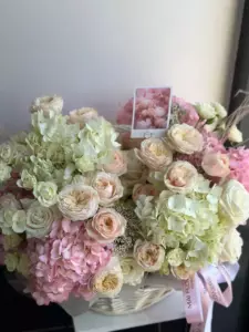 Photo of bouquet "Arrangement 25 Peony Rose White Pink Hydrangea Basket “Silent Reverie” Ayia Napa" — Flower delivery in Ayia Napa, photo 1 of 1
