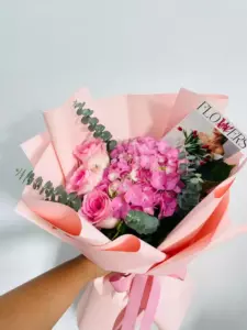 Photo of bouquet "Bouquet Three Pink Roses One Pink Hydrangea “Blush Whisper” Ayia Napa" — Flower delivery in Ayia Napa, photo 1 of 1