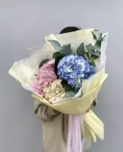 Photo of bouquet "Bouquet Three Hydrangeas White Blue Pink “Azure Whisper” in Ayia Napa" — Flower delivery in Ayia Napa, photo 1 of 1