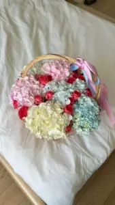 Photo of bouquet "Arrangement 7 Hydrangeas 8 Pink Peony Roses Natural Ribbon Basket “Lilac Whisper” in Ayia Napa" — Flower delivery in Ayia Napa, photo 1 of 2