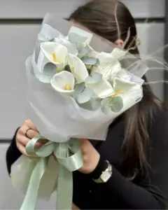 Photo of bouquet "Bouquet 9 Calla Champagne Soft Pink Silk Ribbon “Whispered Elegance” Ayia Napa" — Flower delivery in Ayia Napa, photo 1 of 1