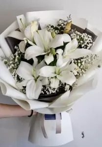 Photo of bouquet "Bouquet 5 White Lilies Soft Gypsophila Embossed Paper “Silent Reverie” Ayia Napa" — Flower delivery in Ayia Napa, photo 1 of 1