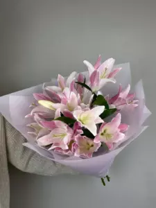 Photo of bouquet "Bouquet 7 Pink Lilies Chic Basket “Tender Whispers” in Ayia Napa" — Flower delivery in Ayia Napa, photo 1 of 1