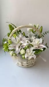 Photo of bouquet "Arrangement 5 White Lilies 7 White Eustomas 2 Chrysanthemums “Silent Mirage” Ayia Napa" — Flower delivery in Ayia Napa, photo 1 of 1