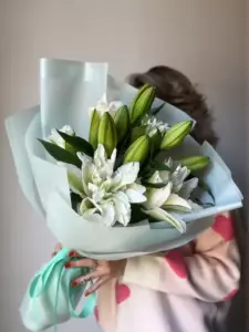 Photo of bouquet "Bouquet 7 Lilac Lilies Eco Kraft Ribbon “Silent Reverie” Ayia Napa" — Flower delivery in Ayia Napa, photo 1 of 1