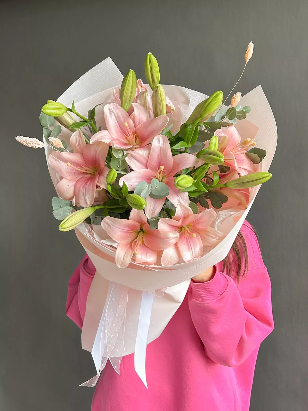 Bouquet 7 Pink Lilies Silk Ribbon “Tender Murmurs” Ayia Napa
