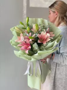 Photo of bouquet "Bouquet 5 Pink Lilies in Paper Wrapping “Blush Whisper” Ayia Napa" — Flower delivery in Ayia Napa, photo 1 of 1