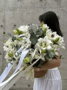 Photo of bouquet "Bouquet 31 White Lilies Basket “Silent Reverie” Ayia Napa" — Flower delivery in Ayia Napa, photo 1 of 1