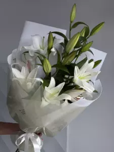 Photo of bouquet "Bouquet 5 White Lilies Silk Ribbon “Silent Reverie” Ayia Napa" — Flower delivery in Ayia Napa, photo 1 of 1