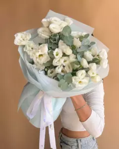 Photo of bouquet "Bouquet 10 White Eustoma Paper Ribbon “Silent Reverie” Ayia Napa" — Flower delivery in Ayia Napa, photo 1 of 1