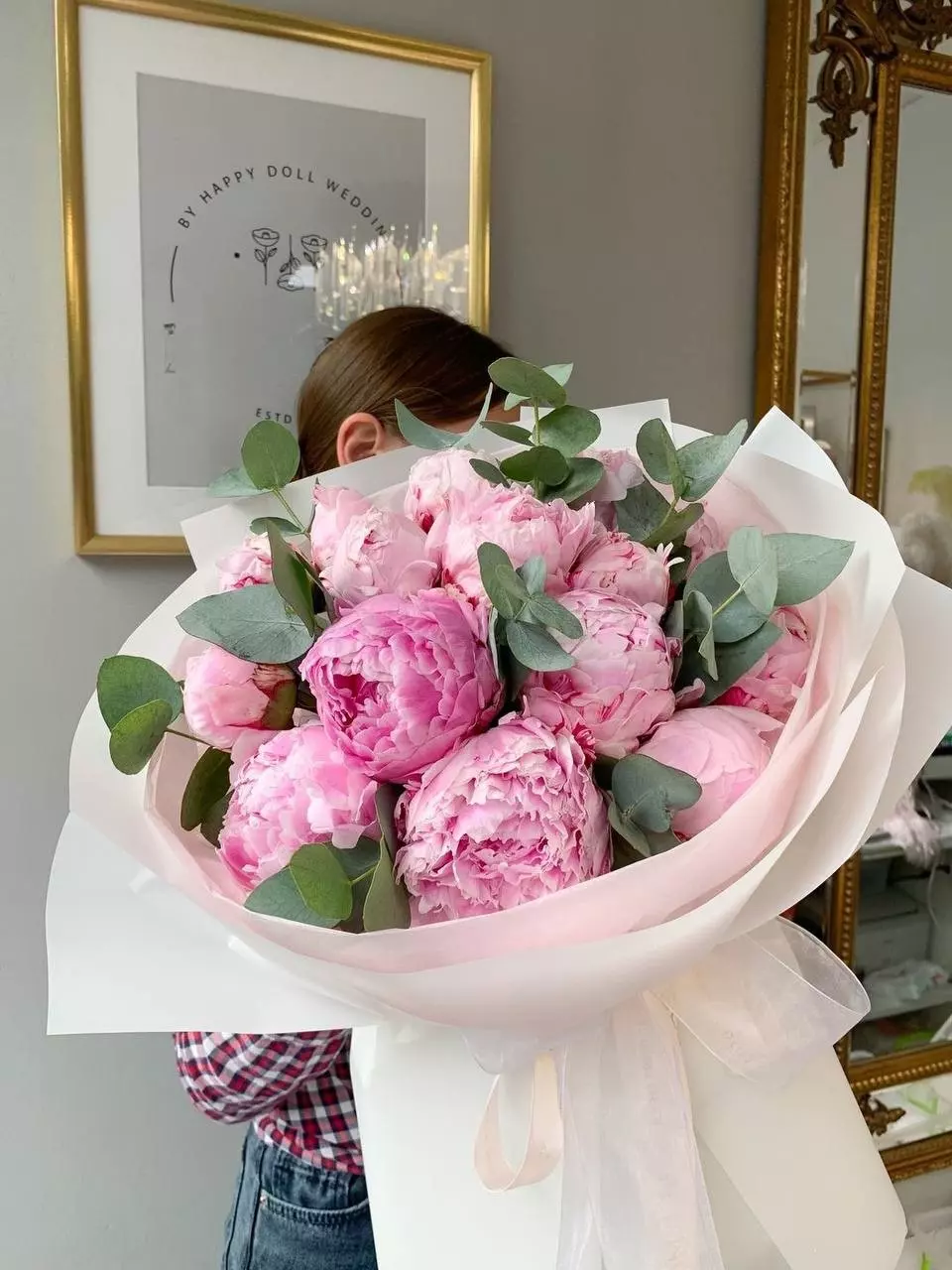 Order bouquet Bouquet 15 Pink Peonies Paper Wrapping “Coral Murmurs” Bali with 24 flowers for 240 $, 340 $, 470 $ — photo 1 of 1