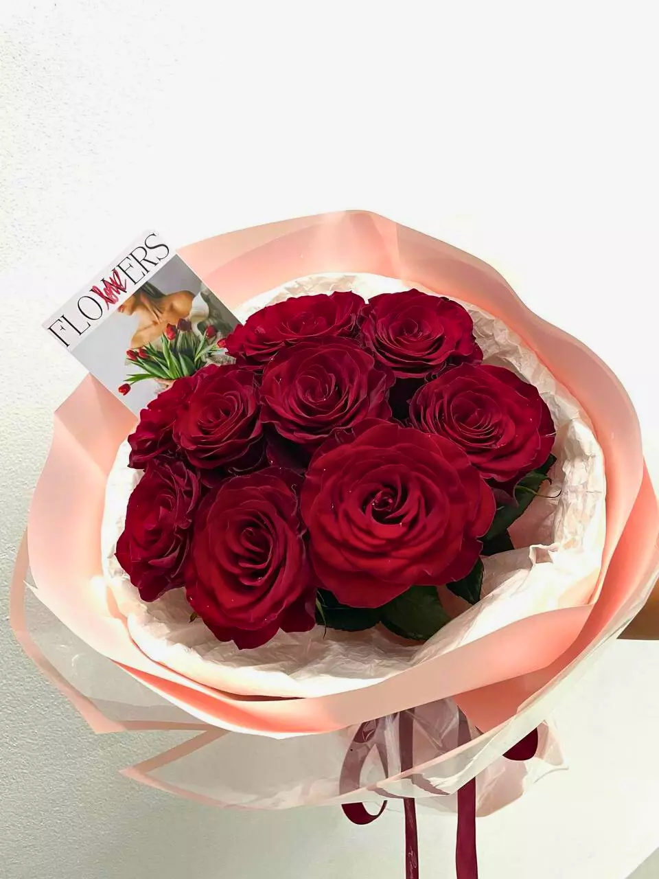 Order bouquet Bouquet 9 Red Roses Paper Wrap “Crimson Murmurs” Bali with 14 flowers for 50 $, 50 $, 60 $ — photo 1 of 2