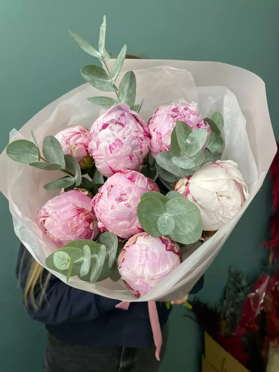 Order bouquet Bouquet 7 Pink Peonies in Paper Wrapping “Silent Bloom” Bali with 18 flowers for 120 $, 160 $, 230 $ — photo 1 of 1