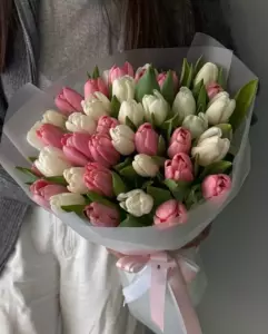 Photo of bouquet "Bouquet 41 Pink Tulips Paper Wrapping “Silent Dawn” Bali" — Bali - Flowers Delivery Flowers Place, photo 1 of 1