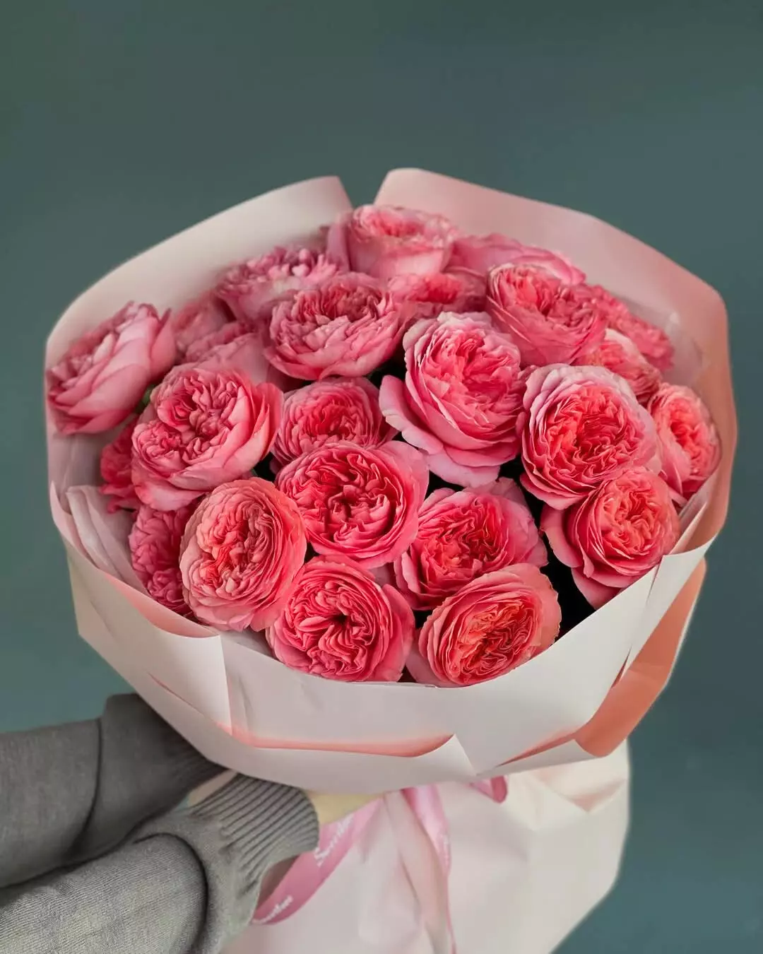 Order bouquet Bouquet 25 Pink Peony Roses Paper Wrapping “Coral Murmurs” Bali with 30 flowers for 110 $, 150 $, 210 $ — photo 1 of 2