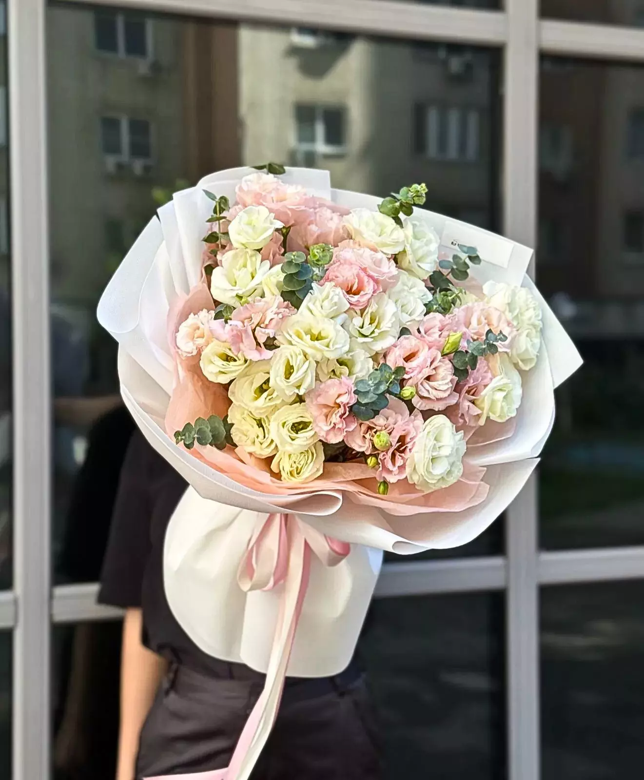 Order bouquet Bouquet 15 Soft Pink Eustoma Organza Ribbon “Tender Whisper” Bali with 22 flowers for 70 $, 100 $, 140 $ — photo 1 of 2
