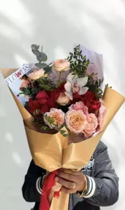 Photo of bouquet "Arrangement 3 Red Roses 4 Pink Peonies Paper Ribbon “Honey Reverie” Bali" — Bali - Flowers Delivery Flowers Place, photo 1 of 1