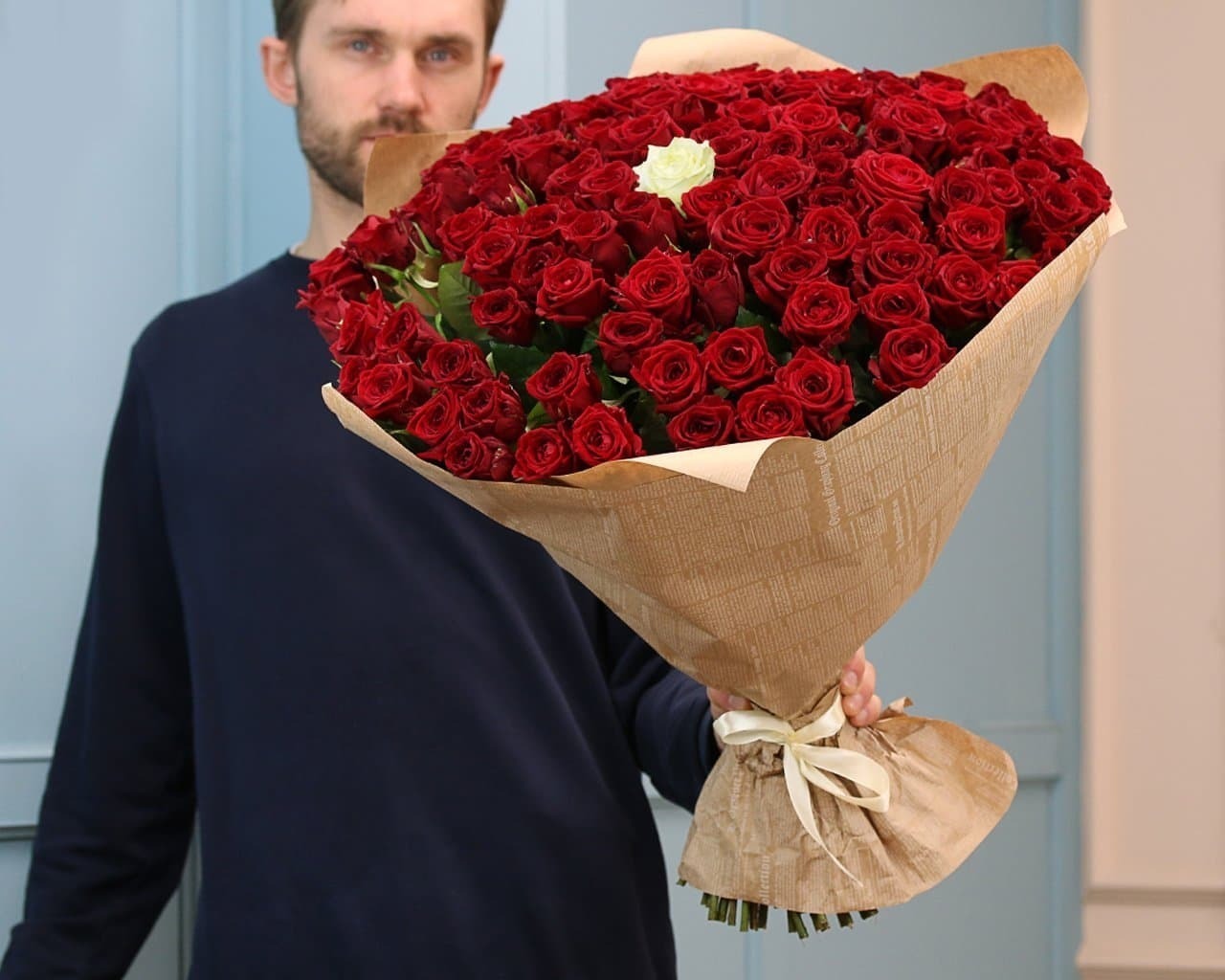 Bouquet 11 Red Roses with Eucalyptus Paper Wrap “Scarlet Whispers” Bangkok