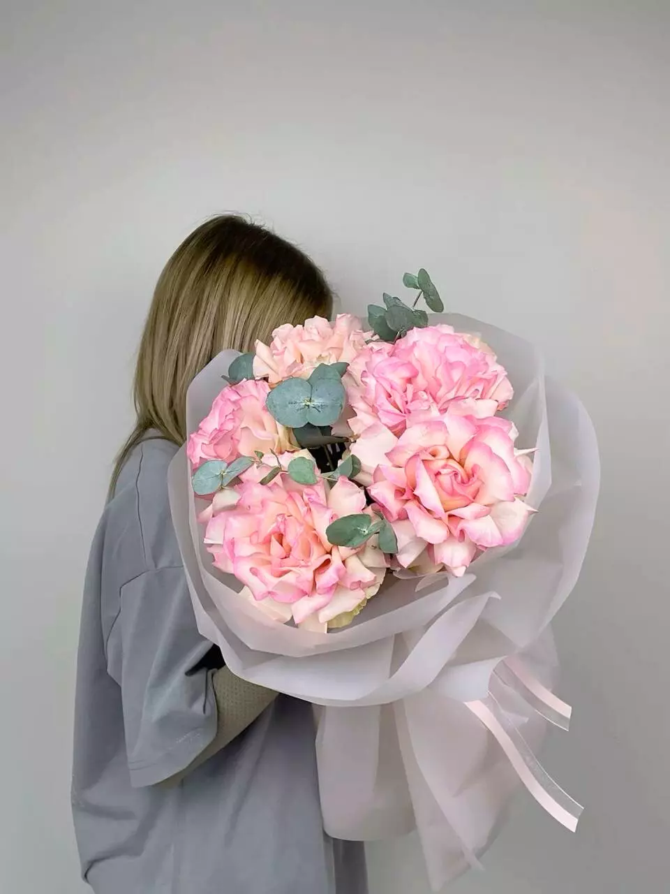 Bouquet 5 Pink French Roses in Paper Wrapping “Blush Reverie” Ayia Napa