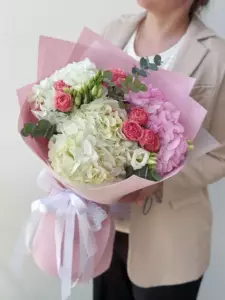 Photo of bouquet "Arrangement 6 Peony Rose 3 Hydrangea White 2 Eustoma White 3 “Whispering Bloom” Da Nang" — Flower Delivery in Da Nang | Flowers Place, photo 1 of 1
