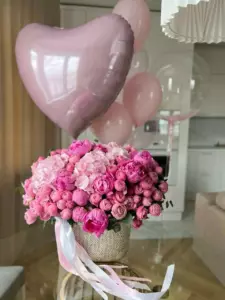 Photo of bouquet "Arrangement Peony 45 Hydrangea 5 Pink Basket Helium Balloons “Blush Reverie” Dubai" — Dubai - Flowers Delivery Flowers Place, photo 1 of 1
