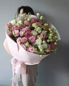 Photo of bouquet "Bouquet Eustoma 19 Pink White Paper Wrapping “Desert Whisper” Dubai" — Dubai - Flowers Delivery Flowers Place, photo 1 of 1