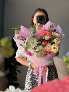 Photo of bouquet "Arrangement Eustoma 9 Chrysanthemum 9 Tulip 4 “Silken Murmurs” Phuket" — Phuket - Flowers Delivery Flowers Place, photo 1 of 1