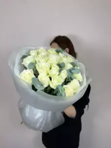 Photo of bouquet "Bouquet 23 White Roses Wrapped Eucalyptus “Whispering Veil” Phuket" — Phuket - Flowers Delivery Flowers Place, photo 1 of 1