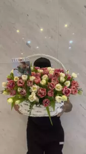 Photo of bouquet "Bouquet 81 Pink Raspberry Tulips Basket “Silent Reverie” Phuket" — Phuket - Flowers Delivery Flowers Place, photo 1 of 2