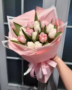 Photo of bouquet "Bouquet 15 Pink Beige White Tulips Whispering Dawn Phuket" — Phuket - Flowers Delivery Flowers Place, photo 1 of 1