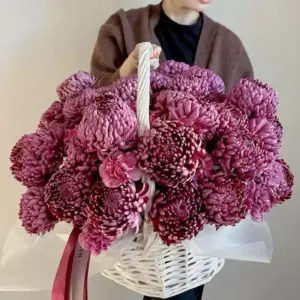 Photo of bouquet "Bouquet 55 Soft Pink Chrysanthemums Silk Ribbon Basket “Silent Reverie” Phuket" — Phuket - Flowers Delivery Flowers Place, photo 1 of 1