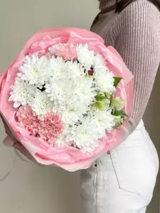 Photo of bouquet "Arrangement Chrysanthemum 10 Dianthus 3 Alstroemeria 3 Champagne Soft Pink “Silent Reverie” Phuket" — Phuket - Flowers Delivery Flowers Place, photo 1 of 1