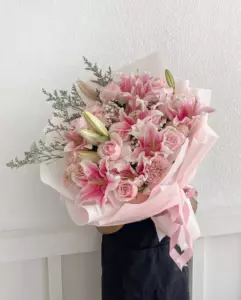Photo of bouquet "Arrangement 7 Pink Lilies 7 Pink Roses 5 Chrysanthemums “Coral Reverie” Phuket" — Phuket - Flowers Delivery Flowers Place, photo 1 of 1